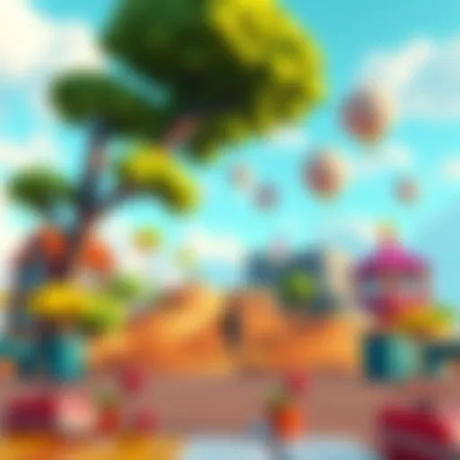 A digital scene showcasing a colorful partially voxel-based environment with trees, buildings, and a character exploring the space.