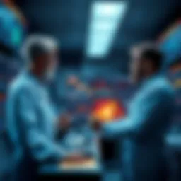 Scientists analyzing AI-generated data in a lab setting, with charts and graphs on screens, showcasing recent findings in particle physics.