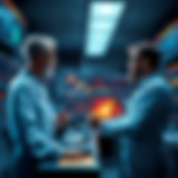 Scientists analyzing AI-generated data in a lab setting, with charts and graphs on screens, showcasing recent findings in particle physics.