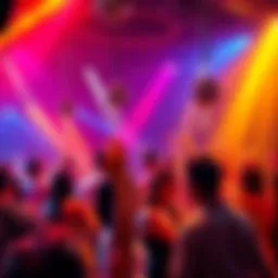 A colorful party scene with people dancing and enjoying themselves at a vibrant celebration