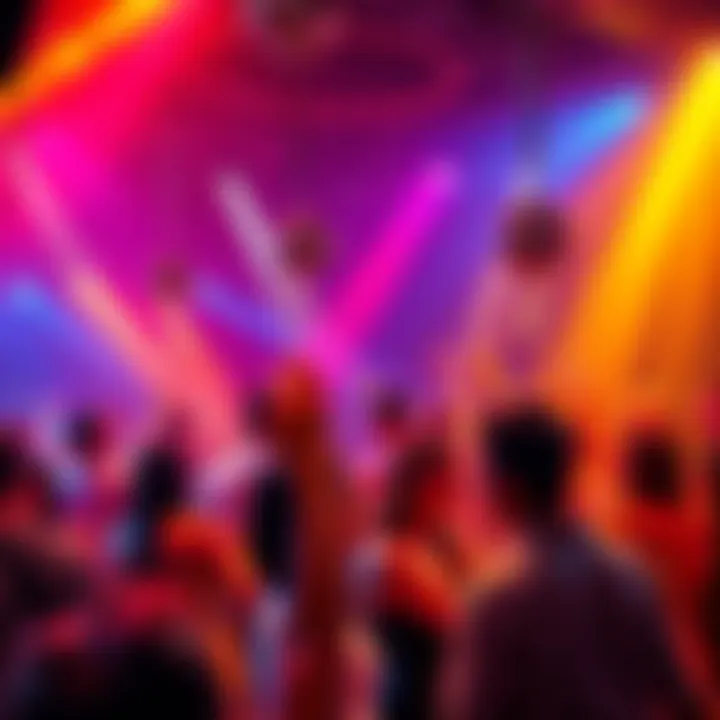 A colorful party scene with people dancing and enjoying themselves at a vibrant celebration