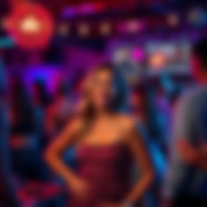 A lively house party scene with people dancing and socializing, focusing on a confident young woman chatting with friends.