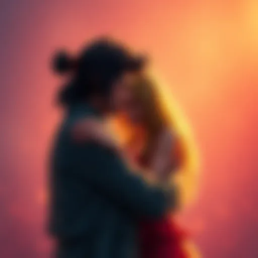 A couple shares a heartfelt embrace, reflecting deep emotions and connection in a romantic scene, set against a soft, blurred background.