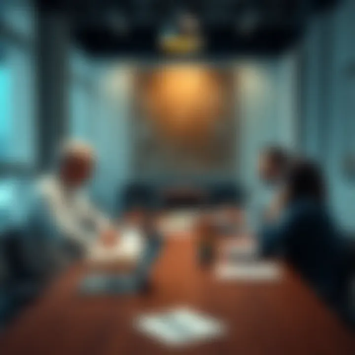 A group of patent attorneys discussing recent Section 101 guidance changes around a table with documents and laptops.