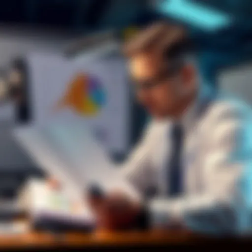 A patent examiner reviewing a document with various charts and notes on their desk, highlighting the process of patent submissions.