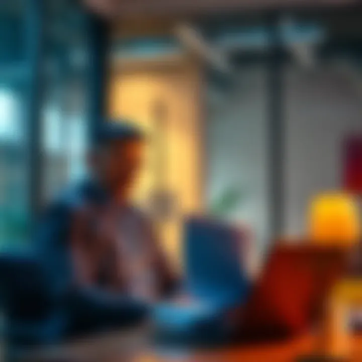 A patent attorney contemplating career change, looking at legal documents and a laptop in an office setting