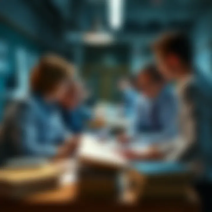 A group of patent examiners discussing the patent agent exam, surrounded by paperwork and legal books.