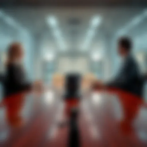 Two law firms represented by lawyers discussing a case in a conference room, highlighting potential conflicts of interest in patent litigation.