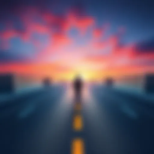 A person walking on a long road symbolizing the journey to success, with milestones and obstacles along the way.