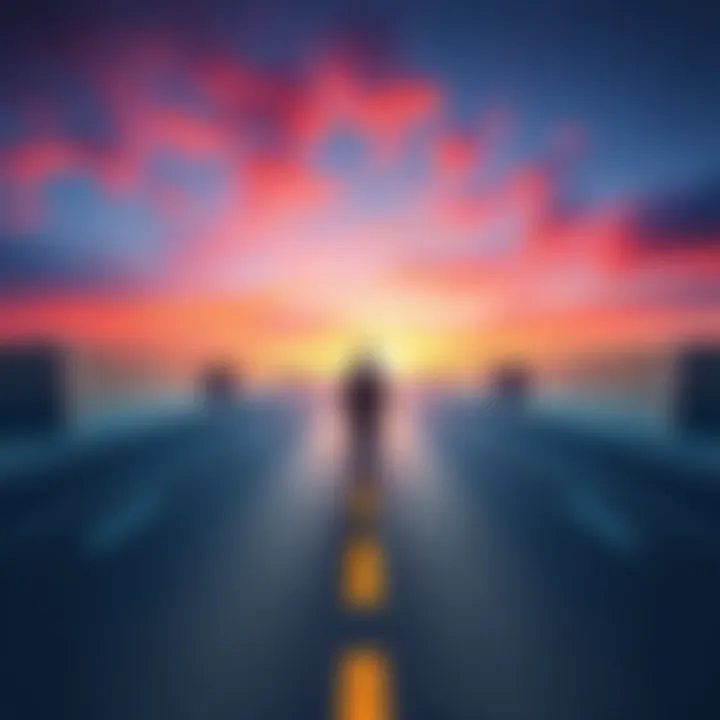 A person walking on a long road symbolizing the journey to success, with milestones and obstacles along the way.