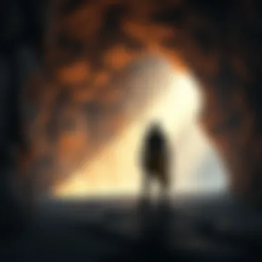 A player stands at a cave wall in Project Utgardr, deciding to go left or right based on markings