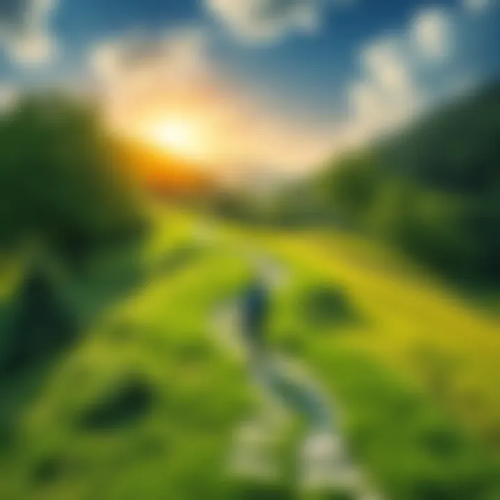 A person walking a winding path through a lush green landscape, reflecting on their achievements and milestones.