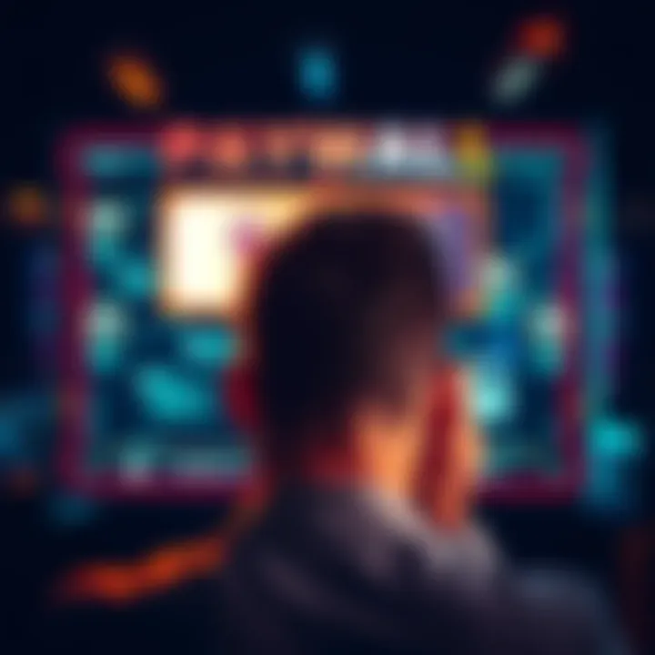 A person looking frustrated at a locked digital screen representing a paywall, with icons of messages and a padlock.