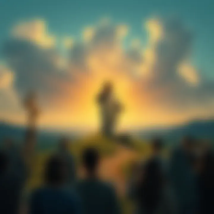 A serene landscape depicting a Christ-like figure surrounded by people in harmony, symbolizing a world with less violence and more hope.