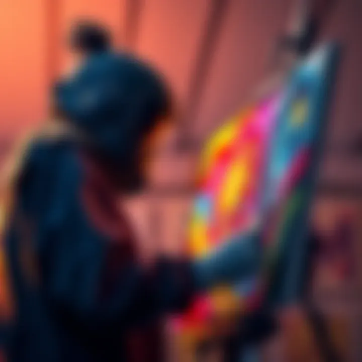 An artist is painting a colorful piece inspired by the Peacemaker character, showing vibrant colors and creative designs.