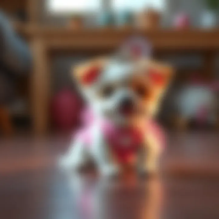 Pebbles, a small furry pet dressed in a princess outfit, playing happily on the floor.