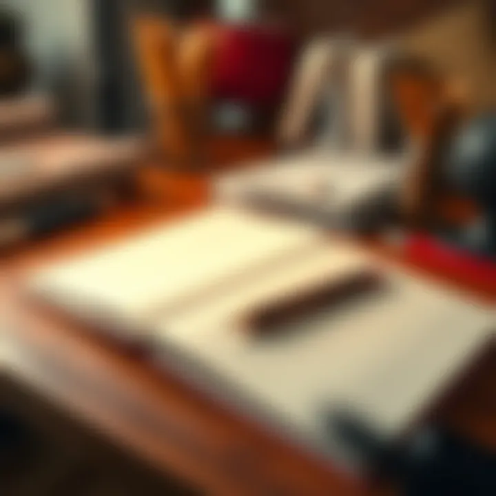 A pencil resting on an open notebook, ready for drawing or writing, with a cozy workspace in the background.