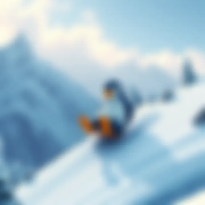 A cartoon penguin sliding down a snowy mountain, avoiding obstacles like rocks and trees.