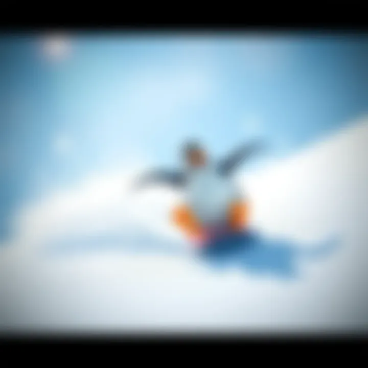 A penguin sliding down a snowy hill on a small board with snowflakes around it, showing excitement and fun.
