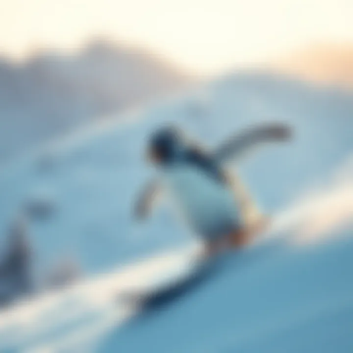 An adorable penguin snowboarding down a snowy slope with snow flying around
