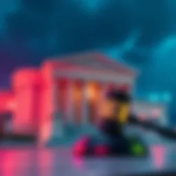 A court building with a gavel, representing Pennsylvania's lawsuit against Character.AI for the chatbot impersonating a doctor.
