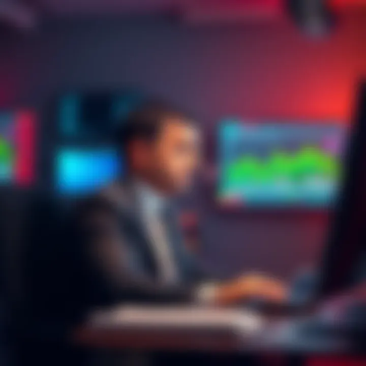 Pentagon Official Selling Stock A Pentagon official at a desk with a computer showing stock prices, looking concerned about the implications of AI investments.