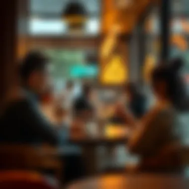A group of people sitting at a café, engaged in lively conversation while enjoying coffee.