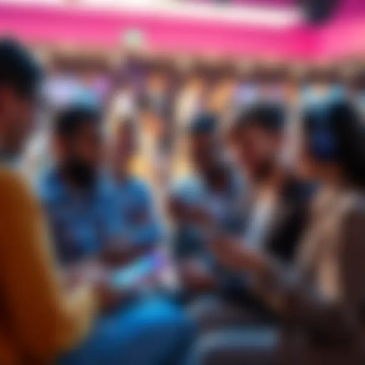 A diverse group of people engaged in lively conversation using chat features on their devices