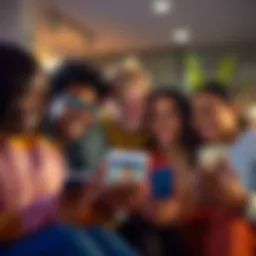 A group of diverse people engaging in an online chat through their devices, smiling and interacting.