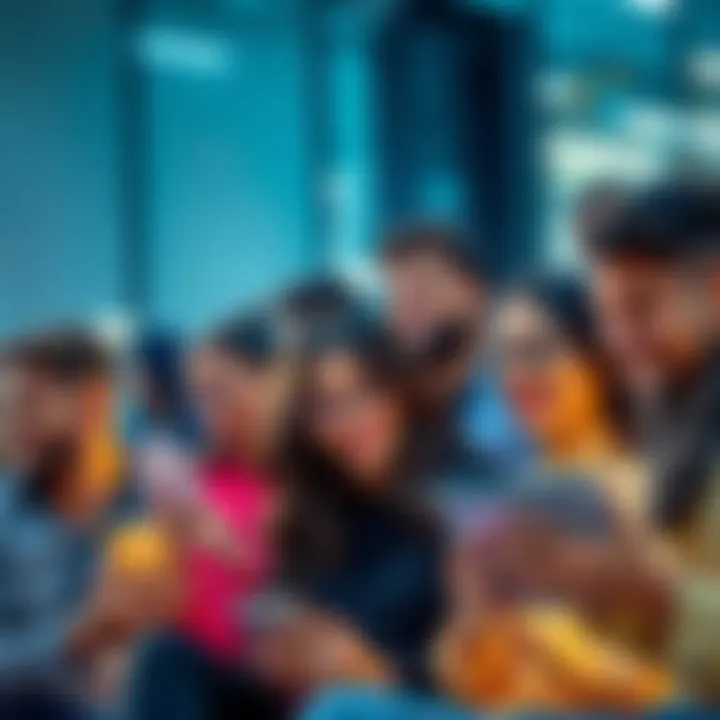 A group of diverse people engaged in lively online conversations on various devices.