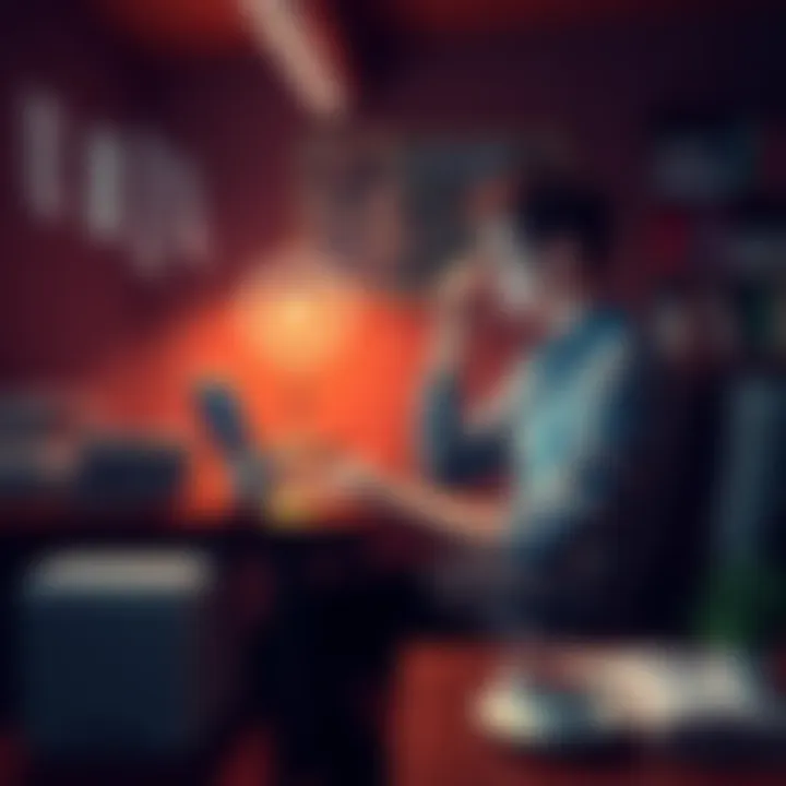 A person sitting at a desk using a laptop, surrounded by books and a cup of coffee, looking thoughtful about using AI instead of asking friends.