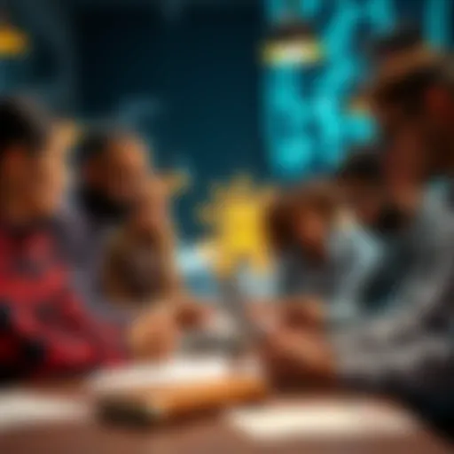 A diverse group of people brainstorming together about Artificial General Intelligence, with notes and a laptop on the table.