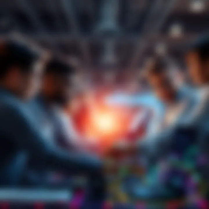 A diverse group of people working together with AI technology at a modern workspace, showcasing teamwork and innovation