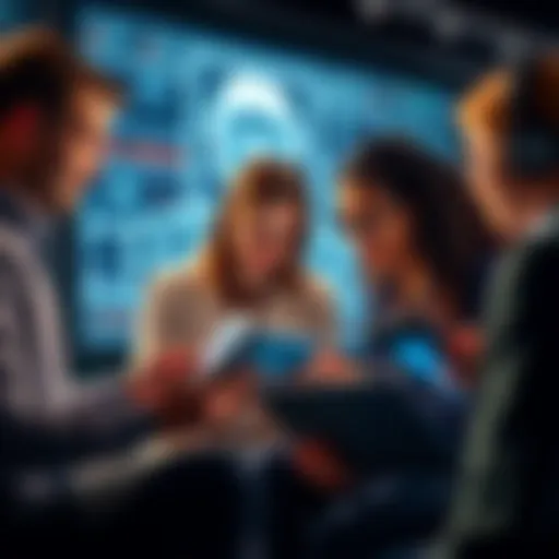 A group of people discussing and comparing different AI subscription options on laptops and tablets.