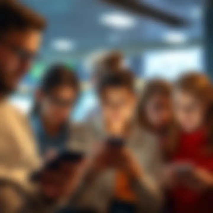 A group of people frowning while reading good news on their phones, showing frustration instead of joy.