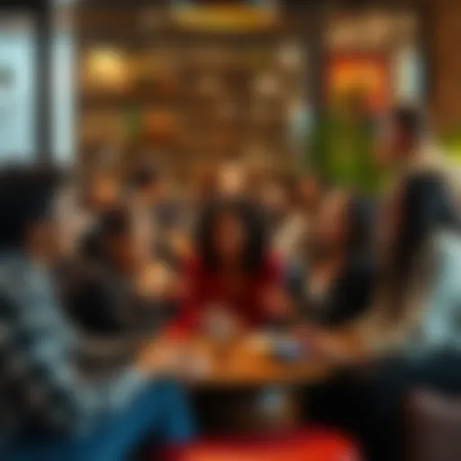 A group of diverse people sitting together and sharing stories in a cozy setting, smiling and engaging with each other.