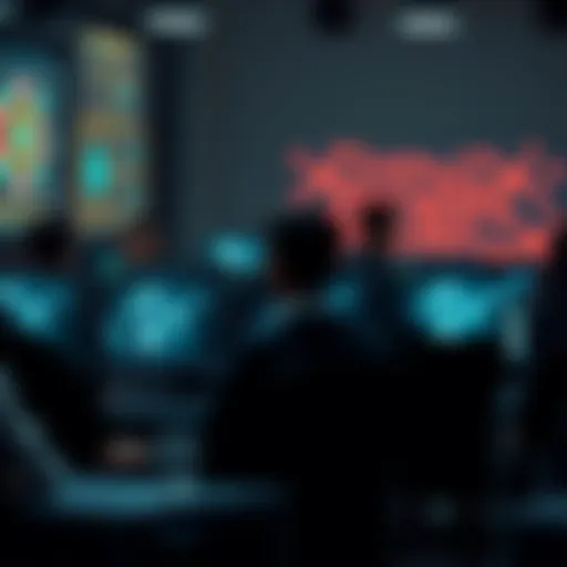 A diverse group of people working together on computers with AI visuals on screens, showing the human element behind AI technology