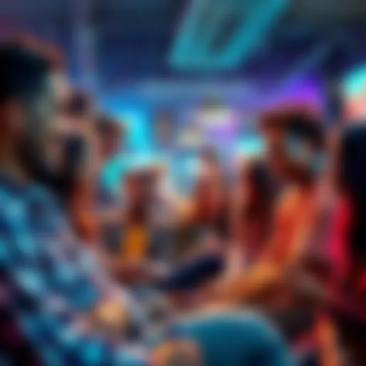 A group of diverse people sharing opinions and laughing about AI-generated artwork in a casual setting