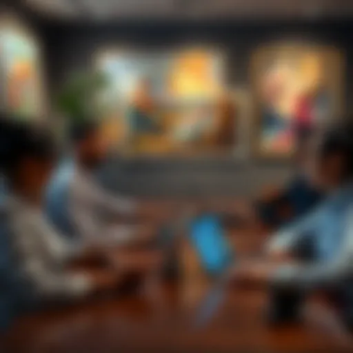 A group of people debating the value of AI-generated art at a table with laptops and art pieces.
