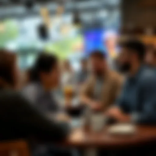 People discussing AI concerns A group of people expressing frustration about AI taking over jobs and creativity during a conversation in a coffee shop