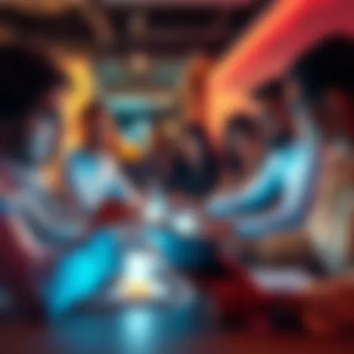 A group of diverse people engaged in a discussion about AI ethics and regulations, with laptops and notes around them.
