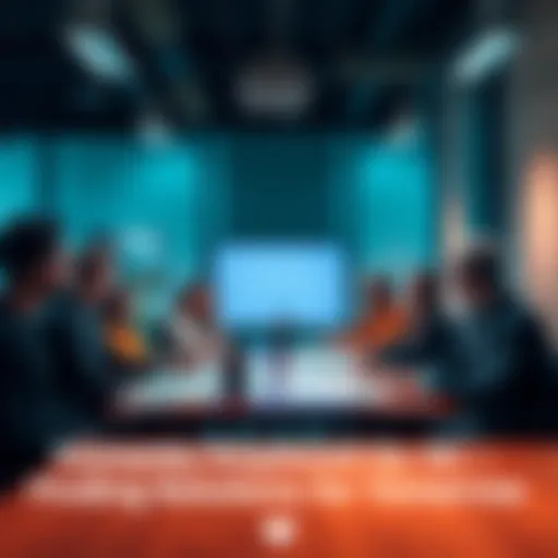 A diverse group of people sitting around a table, engaging in a discussion about the effects of AI on jobs and community stability, with charts and graphs visible on the table.