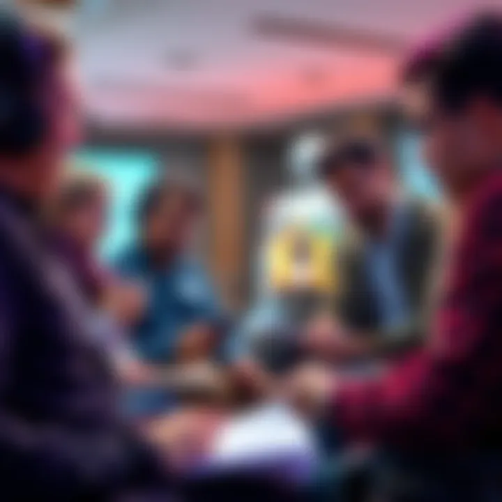 A group of diverse individuals engaged in a conversation about AI topics, some using adaptive technology, others taking notes, showcasing different perspectives on disabilities in tech communities.