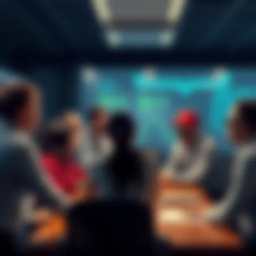 A group of people in a meeting room discussing the pros and cons of AI tools, showing mixed reactions of interest and resistance.