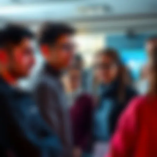 A group of people sharing opinions about artificial intelligence, some looking skeptical and others engaged in conversation.