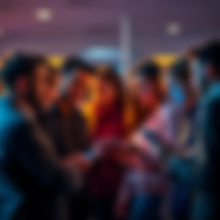 Group of people sharing opinions about an app, some looking frustrated while others seem engaged with their devices