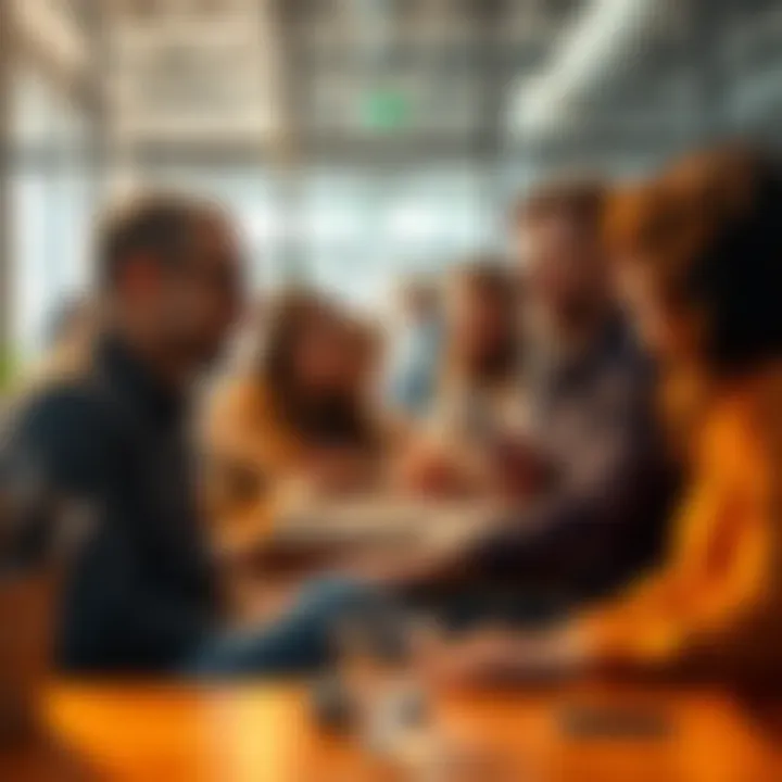 Group of people discussing the features and strengths of an app in a casual setting