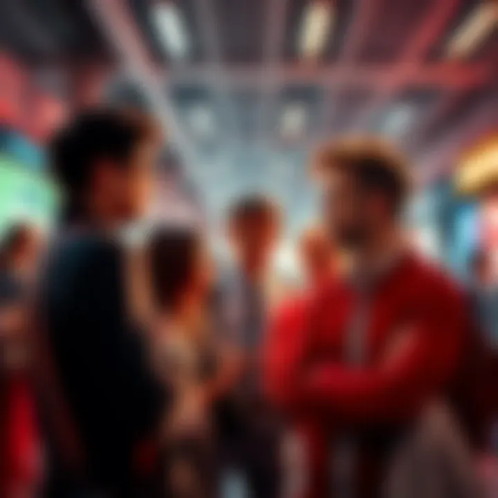 A group of people engaged in a serious discussion about societal behavior trends in a public setting.