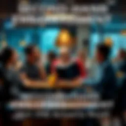 Group of people sitting in a café discussing a book, looking confused and embarrassed, with one person holding the book unopened