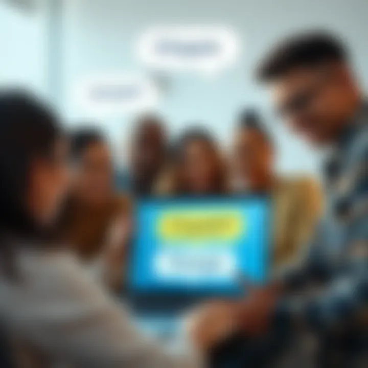 A diverse group of people chatting with a laptop showing ChatGPT on the screen, with speech bubbles containing the word 'Chippie'